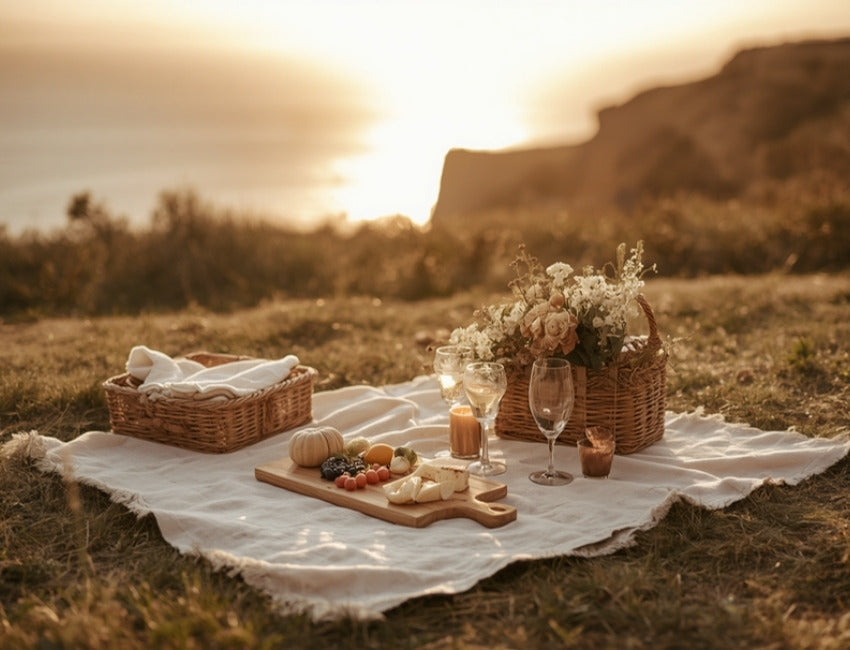 A styled sunset picnic with a grazing board, fruit and flowers on a linen rug overlooking the coast at golden hour