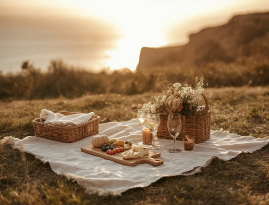 A styled sunset picnic with a grazing board, fruit and flowers on a linen rug overlooking the coast at golden hour
