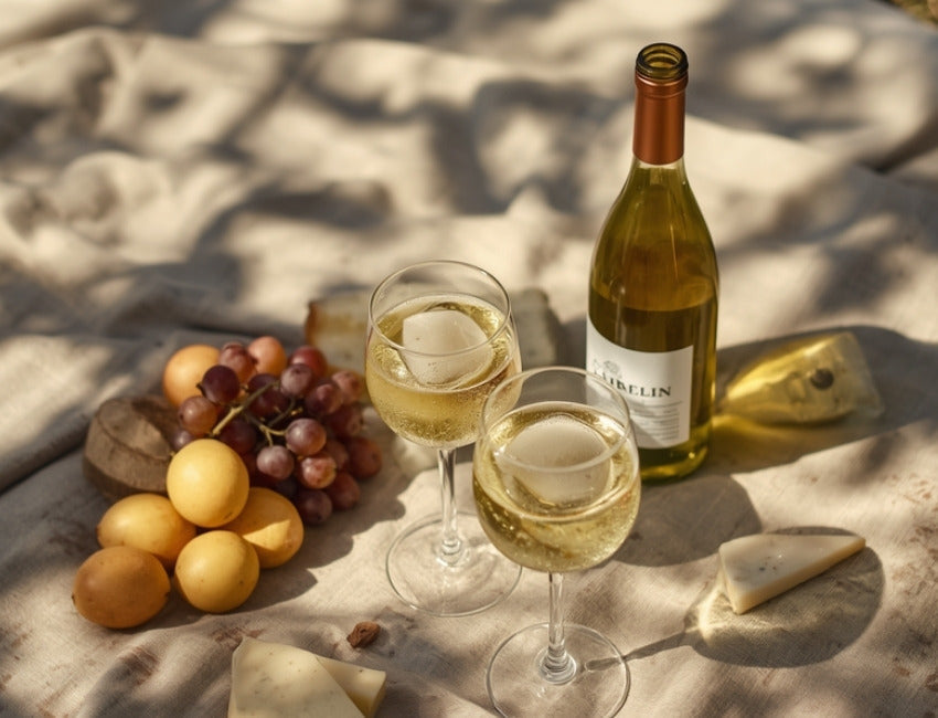 Two glasses of chilled white wine with a bottle, grapes and cheese on a linen picnic rug in dappled sunlight