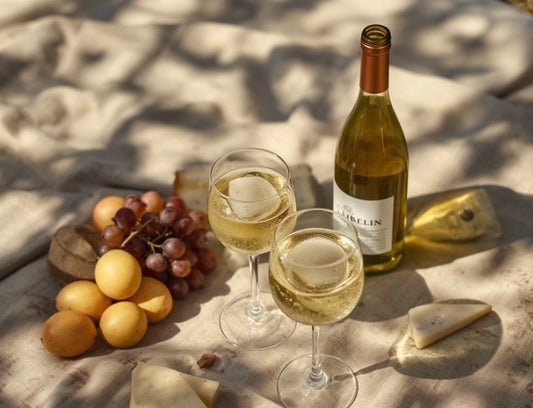Two glasses of chilled white wine with a bottle, grapes and cheese on a linen picnic rug in dappled sunlight
