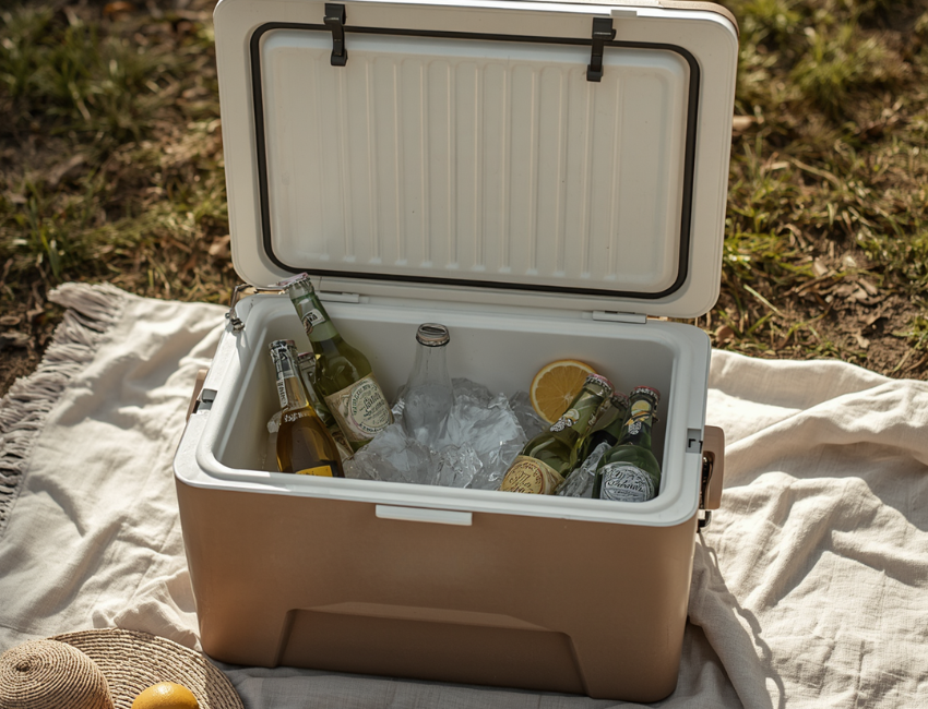 Cooler bag vs esky: chilled drinks and citrus on ice inside a vintage esky at a sunny picnic