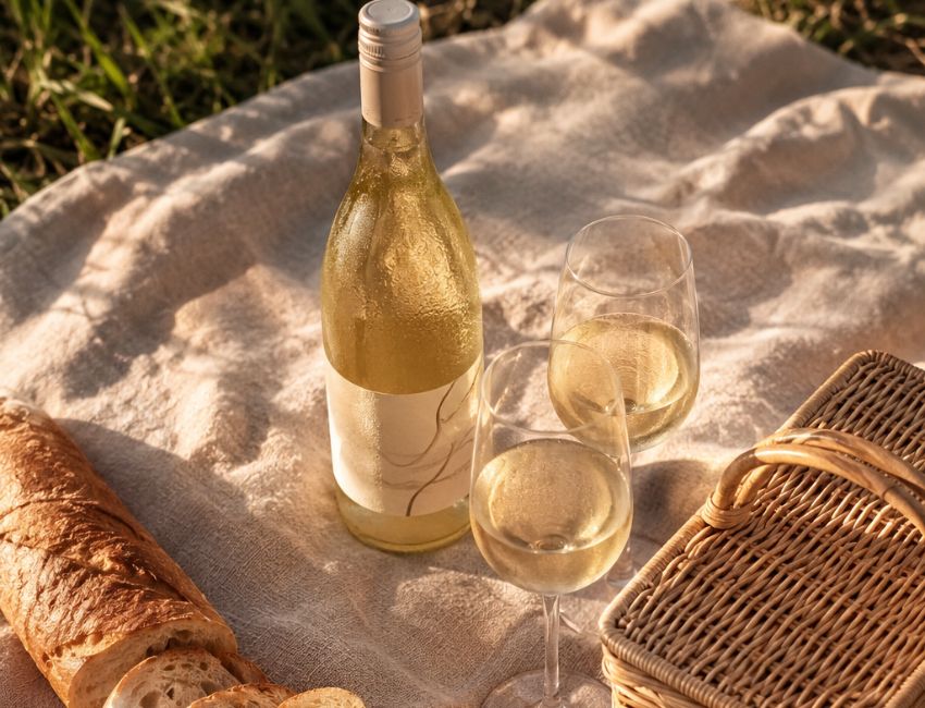 A wine cooler bag keeping a bottle of white cold and upright at a sunset picnic