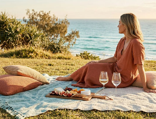 woman trying to keep drinks cold at a picnic by the ocean without an esky