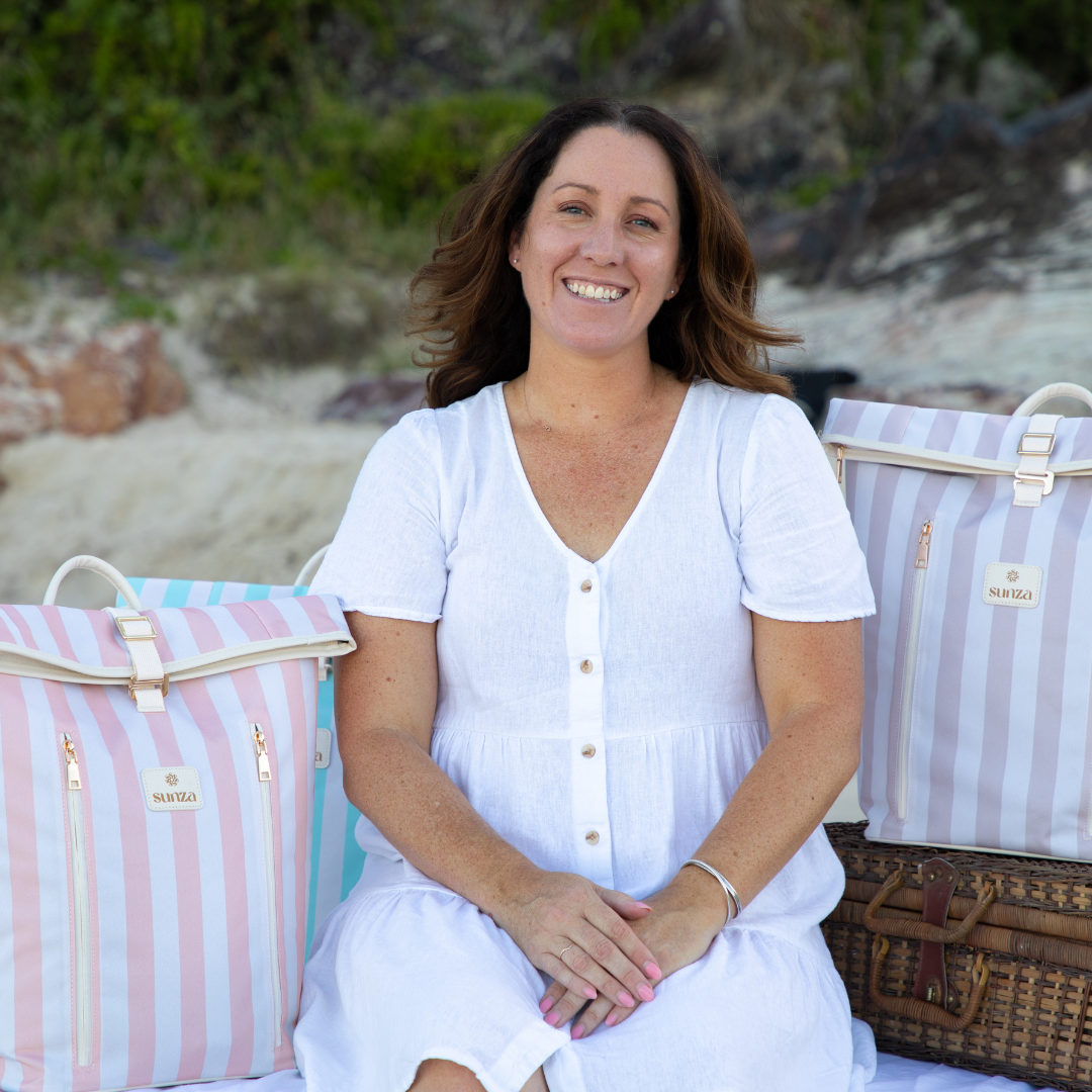 Leeha Severns, founder of Sunza Collective, with the Sunza Original insulated cooler backpack