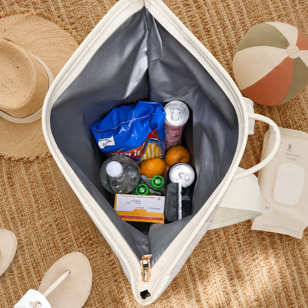 Sunza Original Cooler Backpack packed full with drinks, snacks and food for a family day out