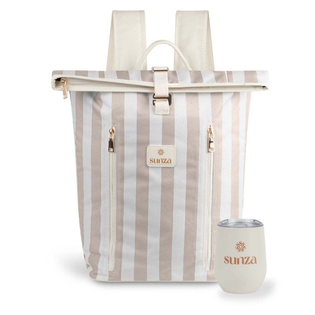 Sunza Original Cooler Backpack in Drift Sand with matching Sunza insulated travel tumbler