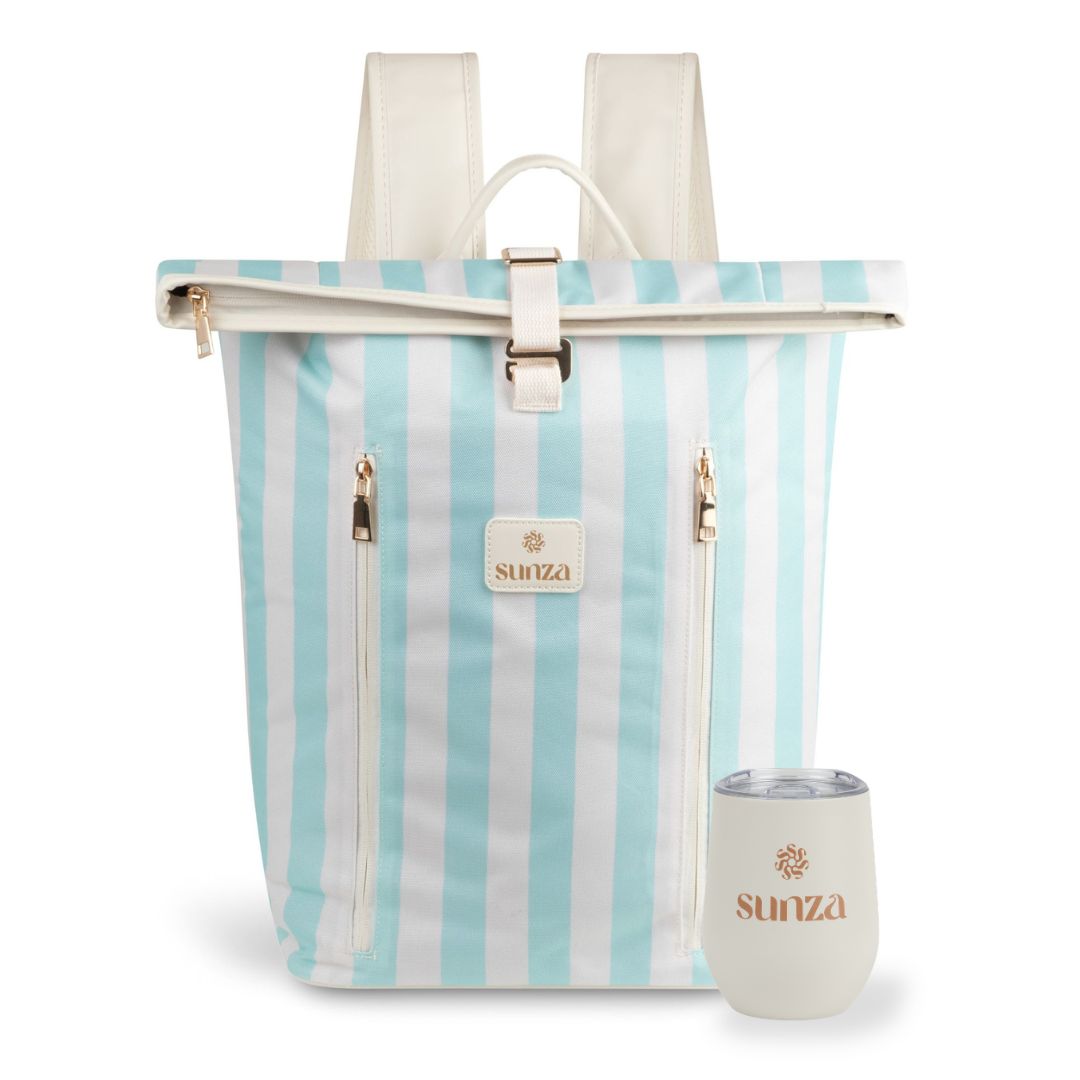 Sunza Original Cooler Backpack in Seafoam Mist with matching Sunza insulated travel tumbler