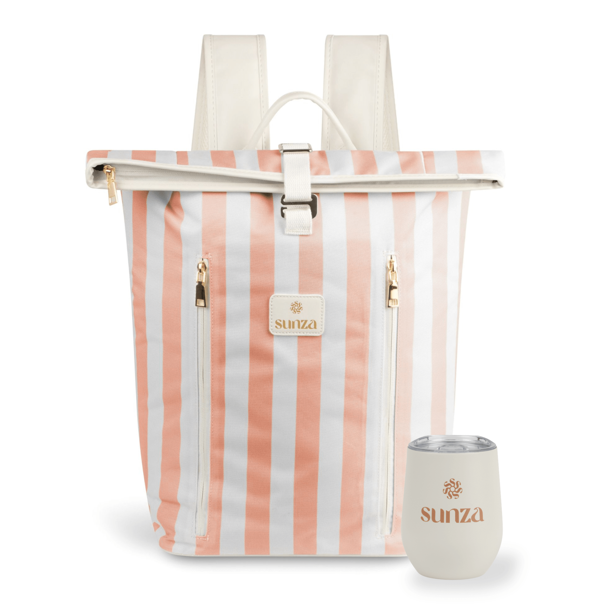 Sunza Original Cooler Backpack in Sunset Blush with matching Sunza insulated travel tumbler